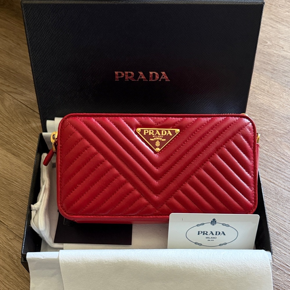 Prada Red Quilted Zip-Around Wallet with Gold Logo